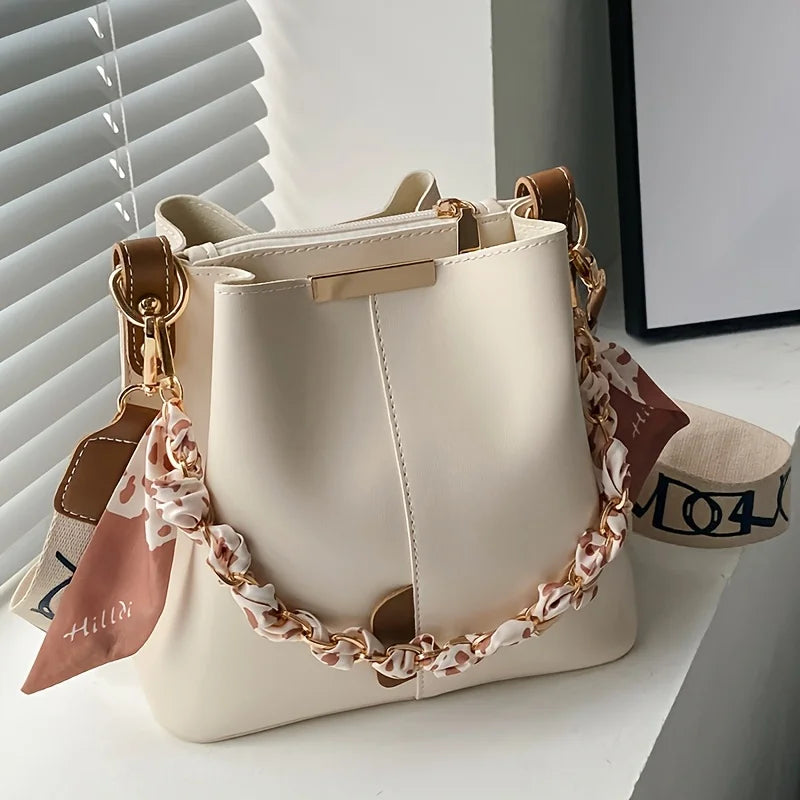 New Fashion Women's Shoulder Bag Large Capacity Ribbon Chain Bucket Bag Crossbody Bag Daily Commuting