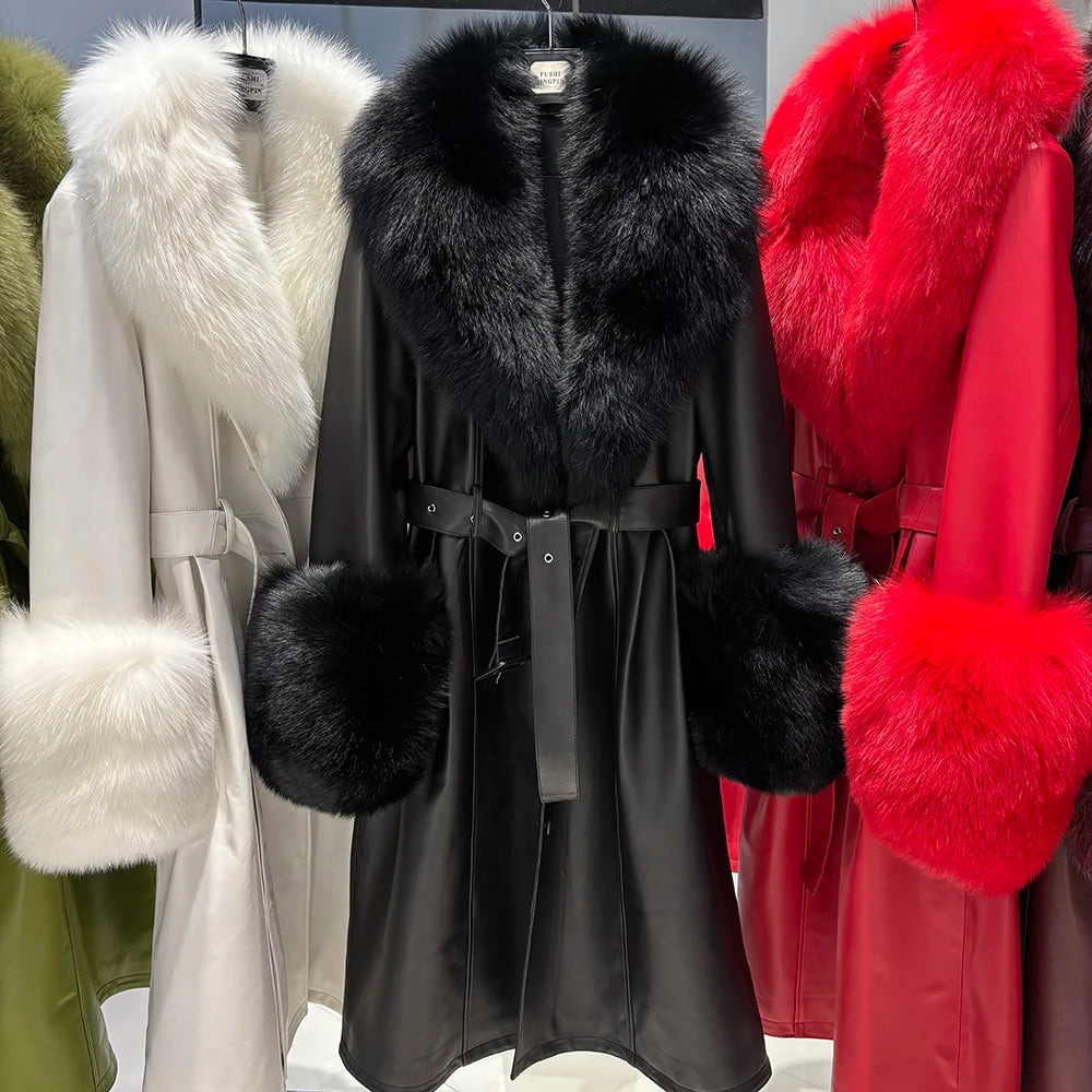 YOLOAgain Burgundy Real Fox Fur Collar Leather Trench Coat Women Genuine Leather Jacket Long Female