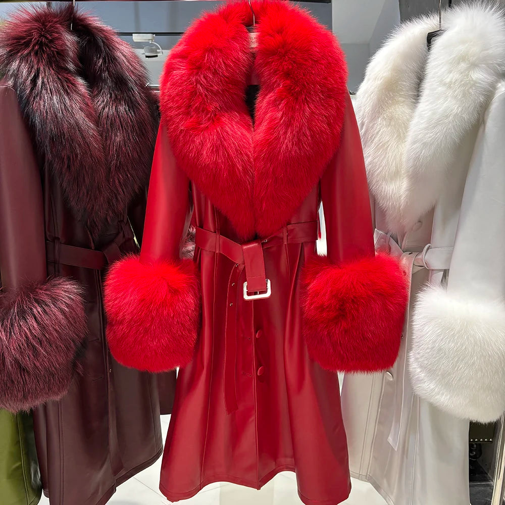 YOLOAgain Burgundy Real Fox Fur Collar Leather Trench Coat Women Genuine Leather Jacket Long Female