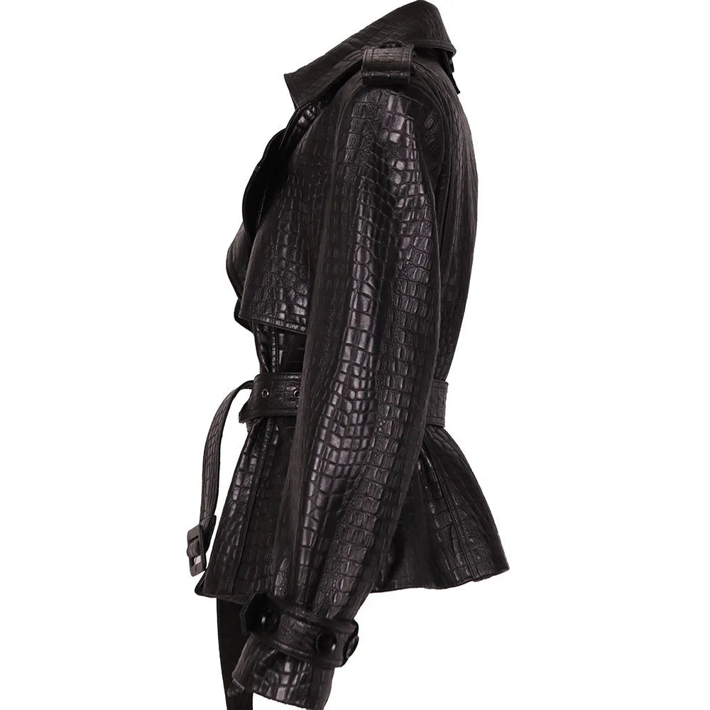 YOLOAgain High Quality Suede Leather Jacket Women With Belt Double Breasted Croc Pattern Jacket Female