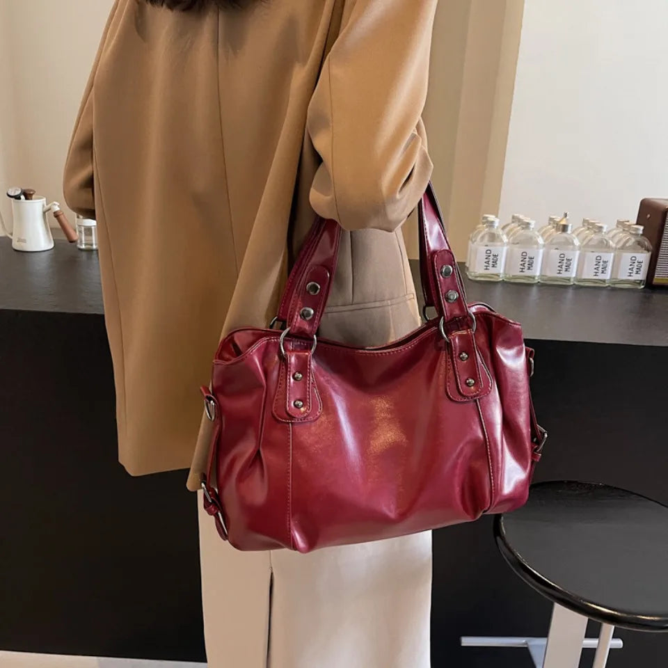 Retro Large Capacity PU Shoulder Bag for Women, Classic Solid Color Crossbody Tote Bag with Roomy Style