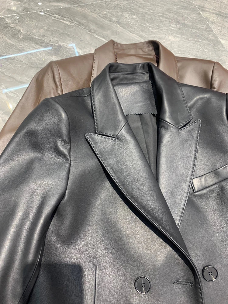 Suit Leather Jacket For Women 2025 Female 100% Sheepskin Lined Suit Collar Slim Short Quilted Coats Retro OL Sobretudo Feminino
