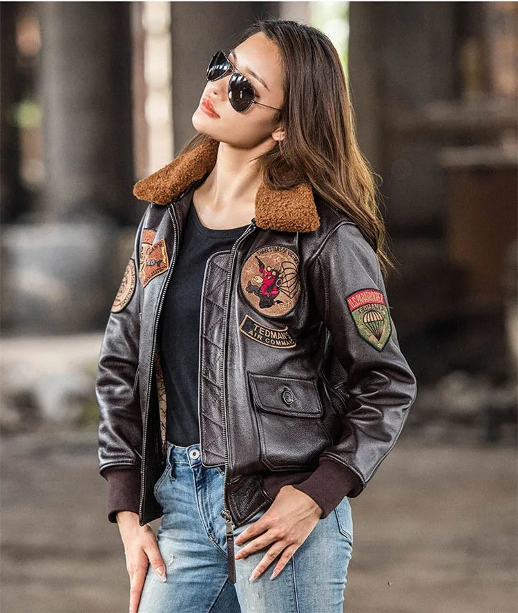 Dark Brown G1 Pilot Leather Jacket Women Military Style Plus Size 3XL Natural Cowhide Autumn Aviation Genuine Leather Coats