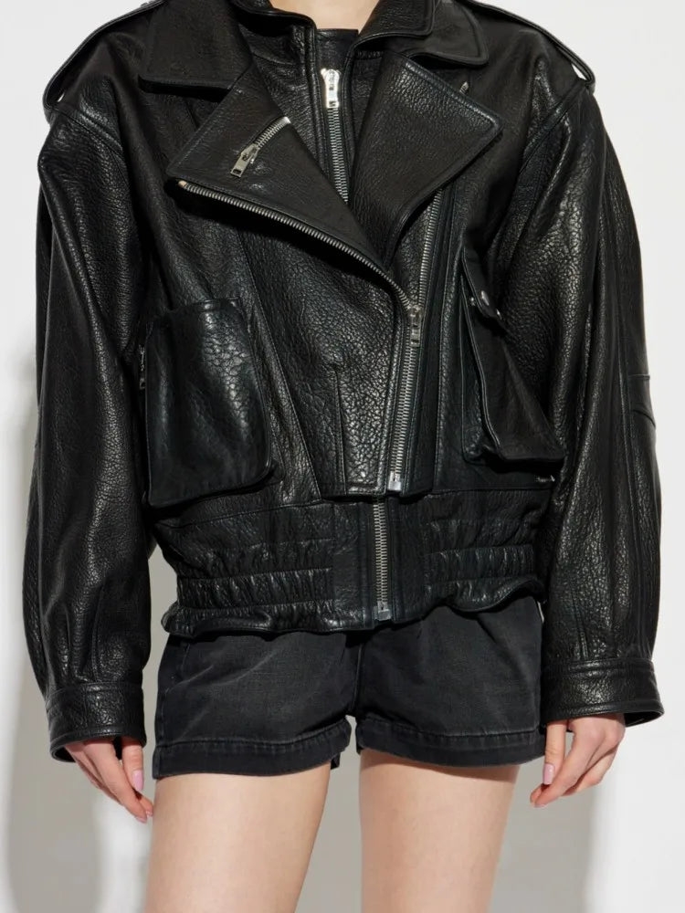 Punk Women Vintage Genuine Leather Jacket Lapel Streetwear Motorcycle Short Coat Loose Fit High Quality Real Sheepskin Outerwear