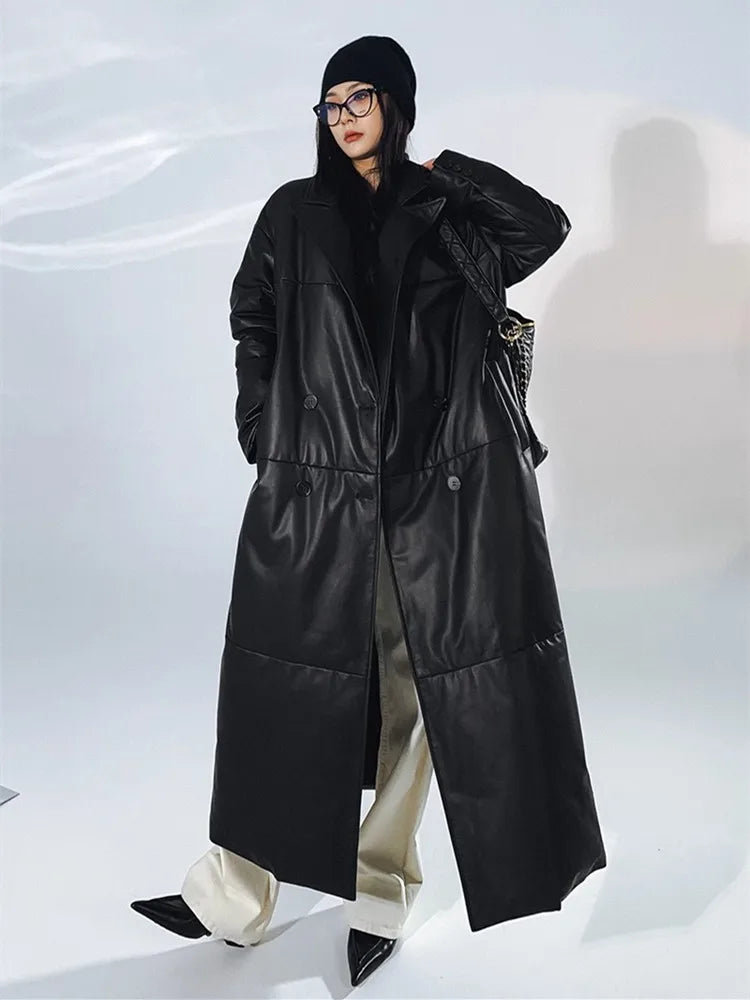 Women's Leather Down Jacket, Loose, Extra Length Design, Goose Down Coat, Suit Collar, Sheepskin Coat, Fashion