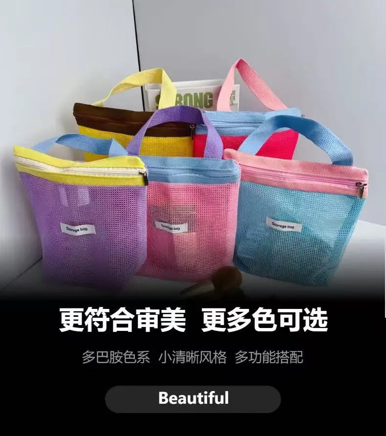 Ins Style Vibrant Bright Color Summer Mesh Tote Bag Small Cosmetic Bag Handbag Foldable Portable Toiletry Bag Women's Beach Bag