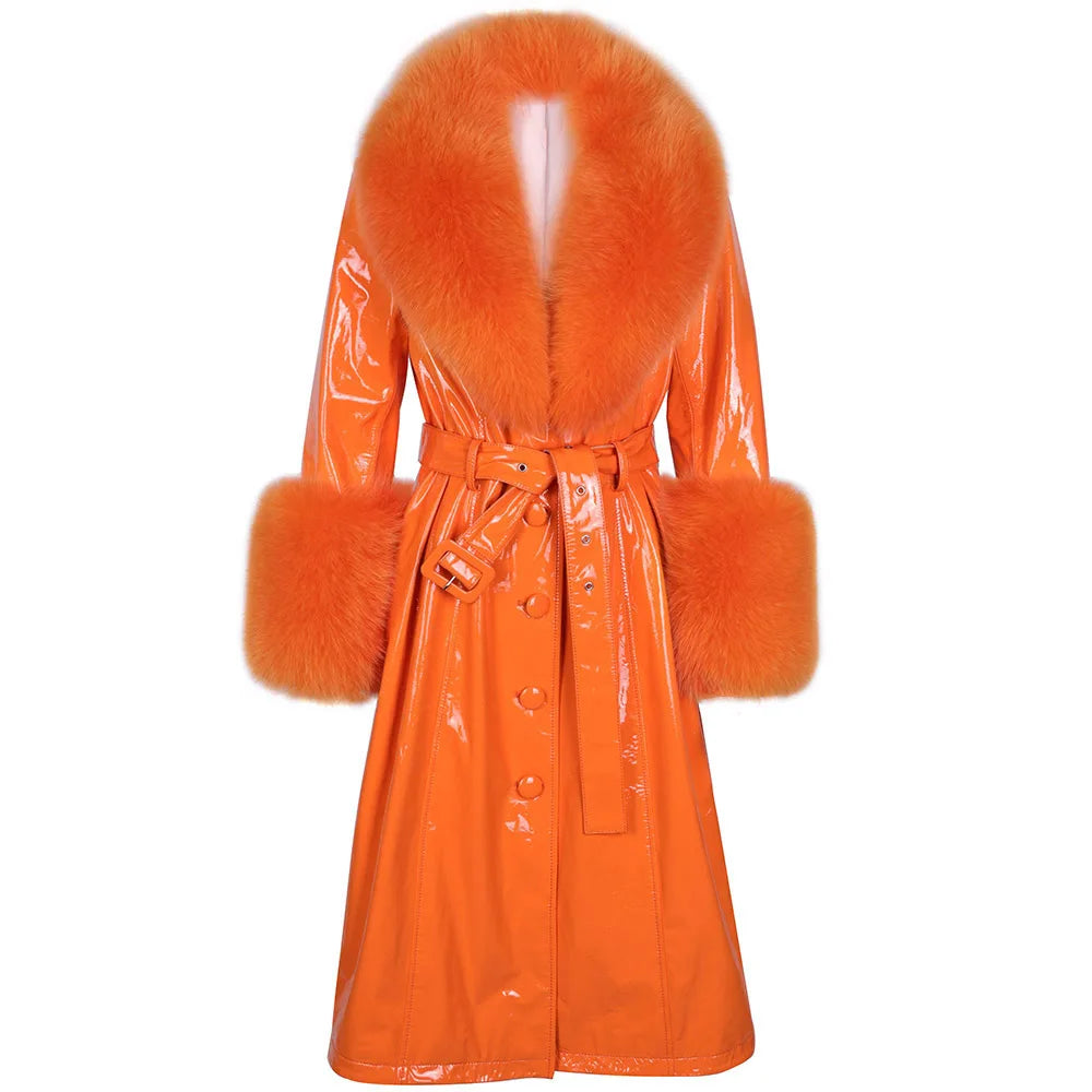 YOLOAgain Burgundy Real Fox Fur Collar Leather Trench Coat Women Genuine Leather Jacket Long Female