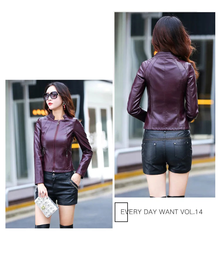 New Women Spring Autumn Leather Jacket Fashion Small Stand Collar Long Sleeve Slim Sheepskin Jacket Split Leather Short Coat