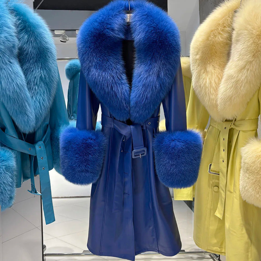 YOLOAgain Burgundy Real Fox Fur Collar Leather Trench Coat Women Genuine Leather Jacket Long Female