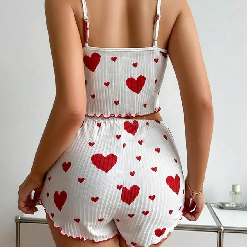 2pcs Women's Pajama Set Sexy Cute Kawaii Pajamas Women Suspenders Sun-Tops Loungewear Set Shorts Y2K Lolita Heart Silk Sleepwear