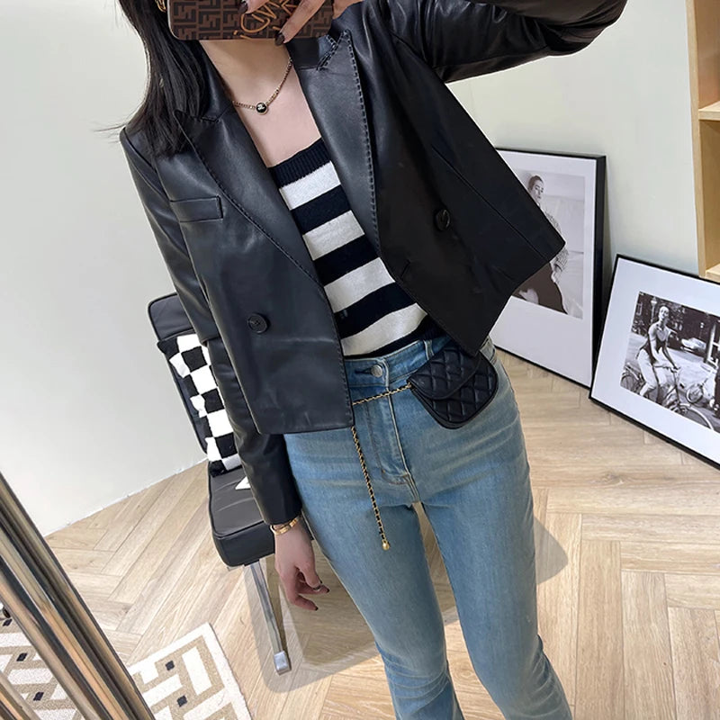 Suit Leather Jacket For Women 2025 Female 100% Sheepskin Lined Suit Collar Slim Short Quilted Coats Retro OL Sobretudo Feminino
