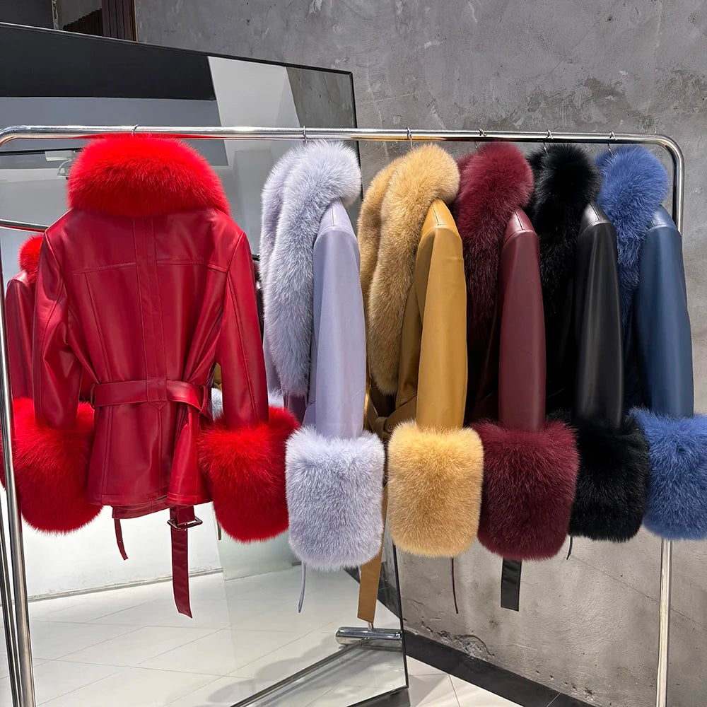 YOLOAgain Women's Real Fox Fur Collar Sheepskin Leather Jacket Coat Autumn 2025