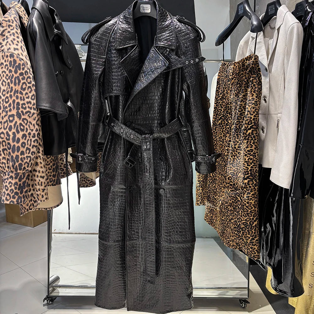 YOLOAgain 150cm Extra Length Real Leather Trench Coat Women Double Breasted Suede Coat Female