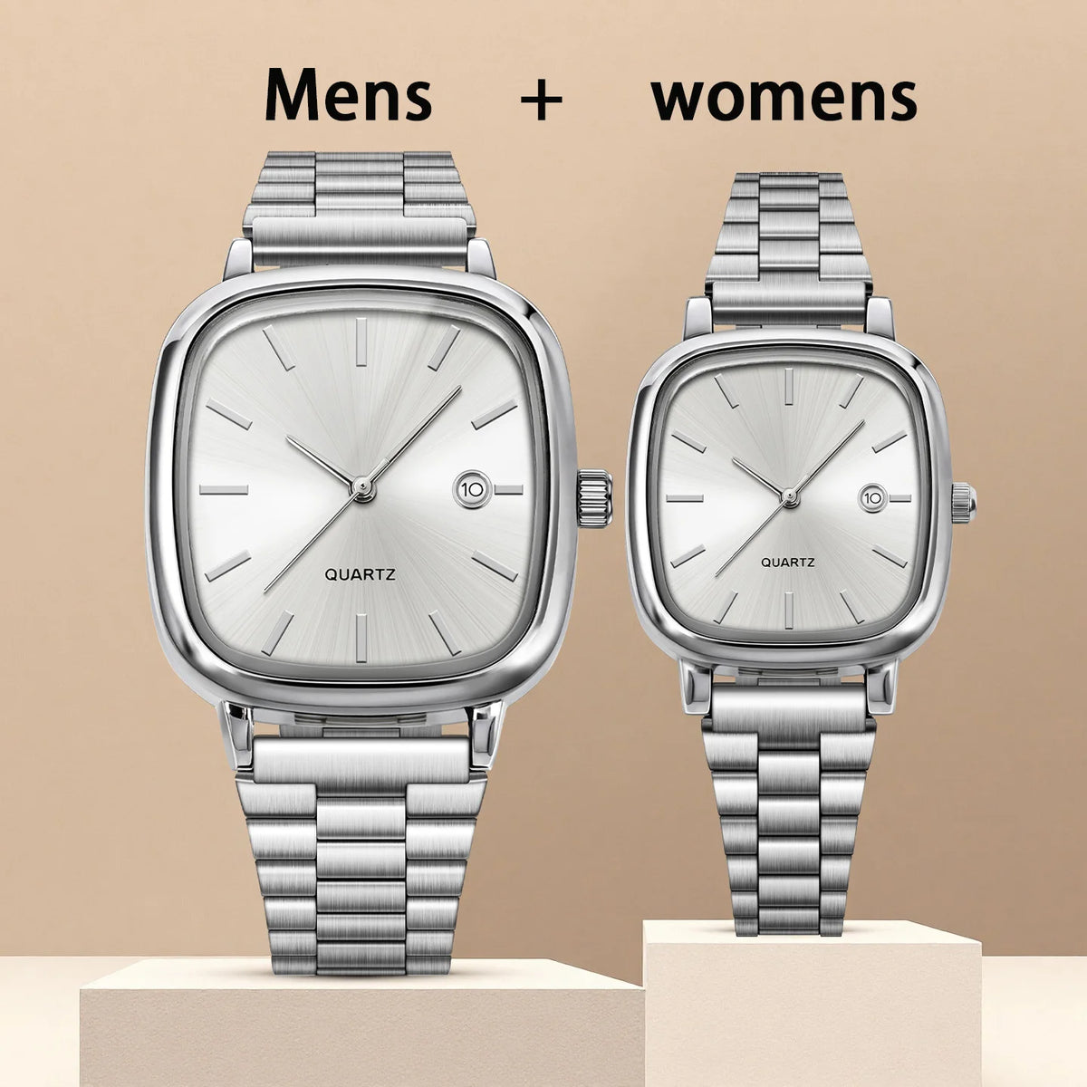 Couple Watches for Men and Women; Quartz Watches with Stainless Steel Bands and Calendar; Christmas Gift.