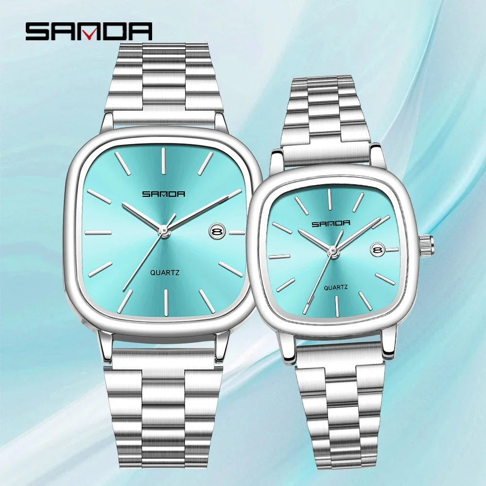 Sanda 2026 Couple Quartz Watch Men's and Women's Square Watch 3ATM Waterproof Calendar Simple and Elegant Women's Watch 3278