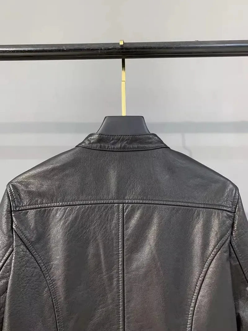 Autumn Fashion Genuine Leather Women Short Jacket Stand Collar Zipper Coat Top Work Lady Slim Fit Jackets Casual Black Outerwear