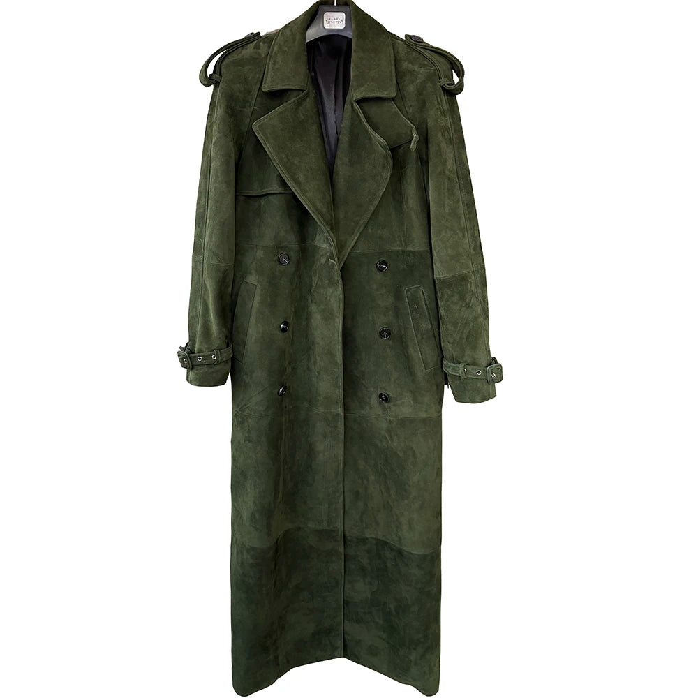 YOLOAgain 150cm Extra Length Real Leather Trench Coat Women Double Breasted Suede Coat Female