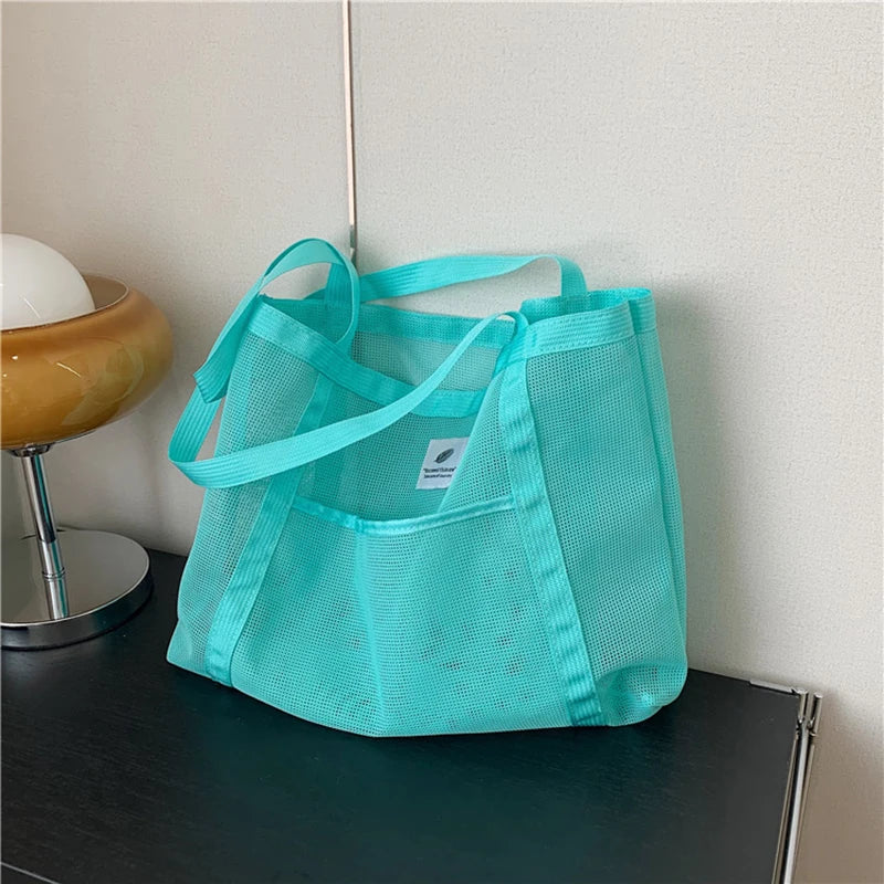 Women Transparent Mesh Shoulder Bag Fashionable Portable Shopping Travel Beach Mesh Net Tote Handbag