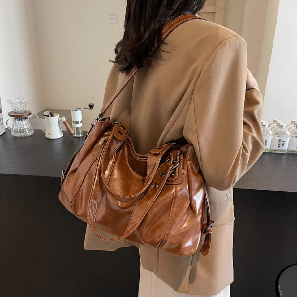 Retro Large Capacity PU Shoulder Bag for Women, Classic Solid Color Crossbody Tote Bag with Roomy Style