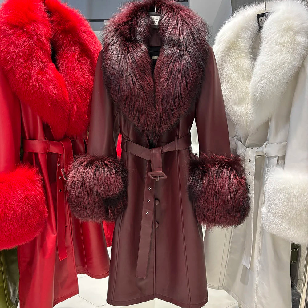 YOLOAgain Burgundy Real Fox Fur Collar Leather Trench Coat Women Genuine Leather Jacket Long Female