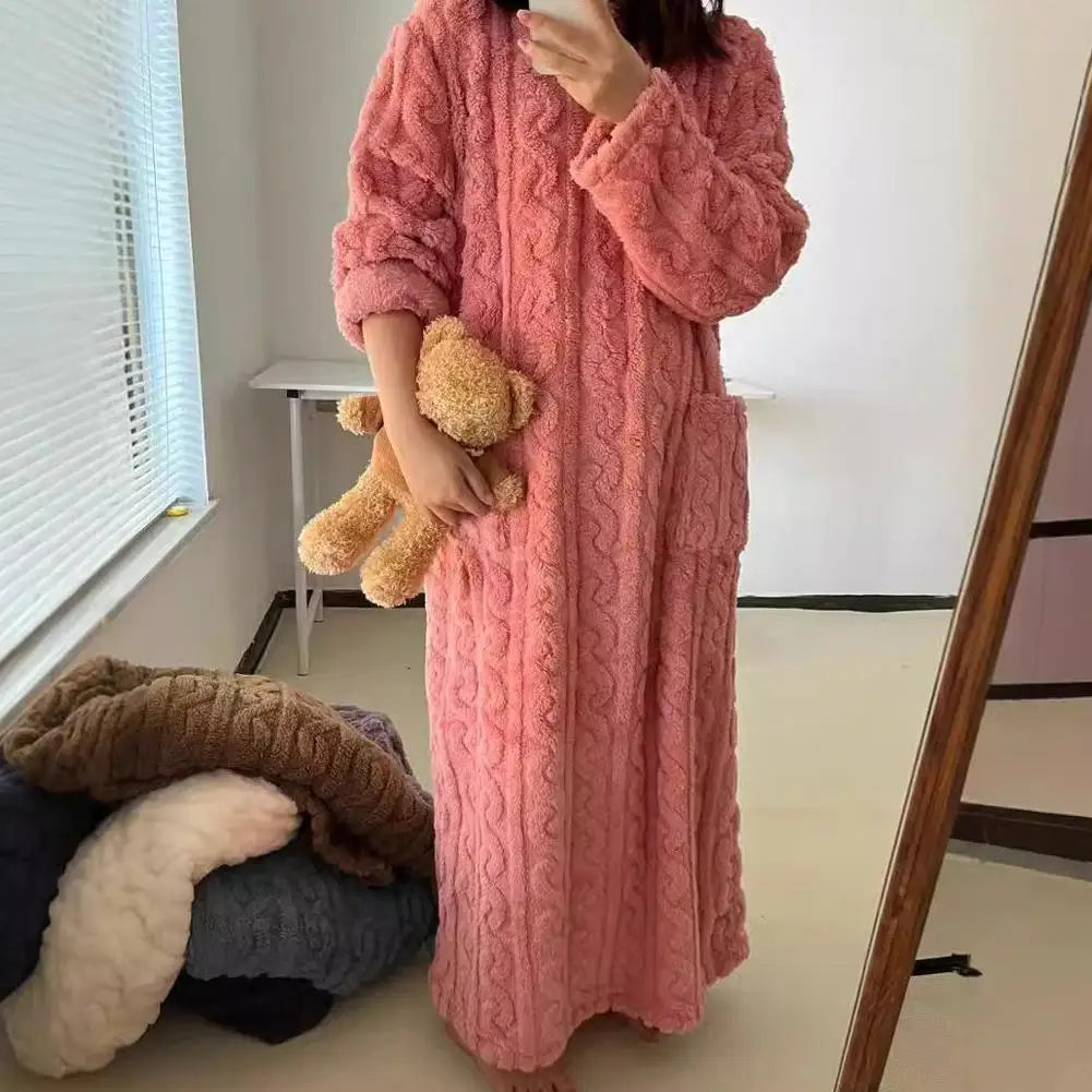 Coral Velvet Women's Nightgown Autumn And Winter Long Sleeve Double Pocket Flannel Nightgowns Women Loose Solid Sleepwear