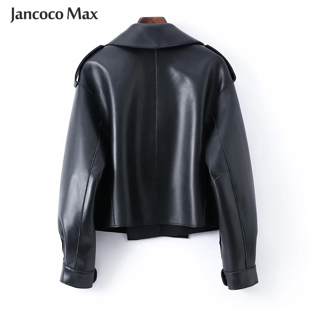 Sheepskin Coat For Women Leather Jacket Winter Spring Moto Biker Genuine Top Quality Black S7547