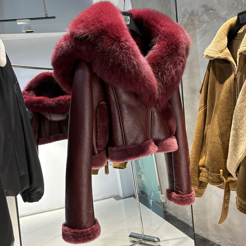 YOLOAgain Burgundy Shearling Jacket With Hood Women 2025 Winter Real Leather Jacket Coat