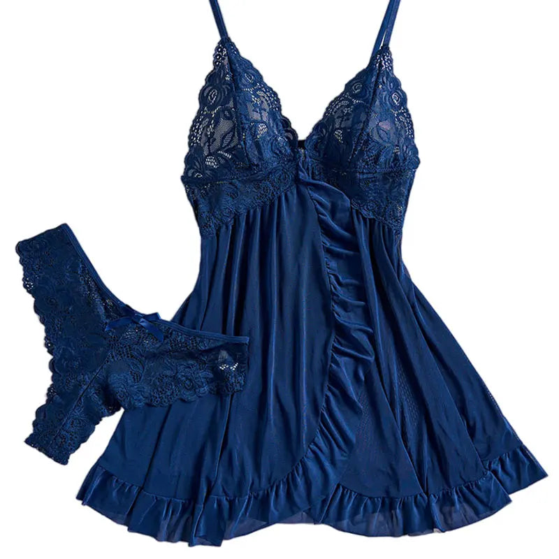 Tulle Suspenders Exquisite Women's Lencerias Lace V-Neck Underwear Semi-transparent Thong Dress Set Females Lingerie Nightgowns