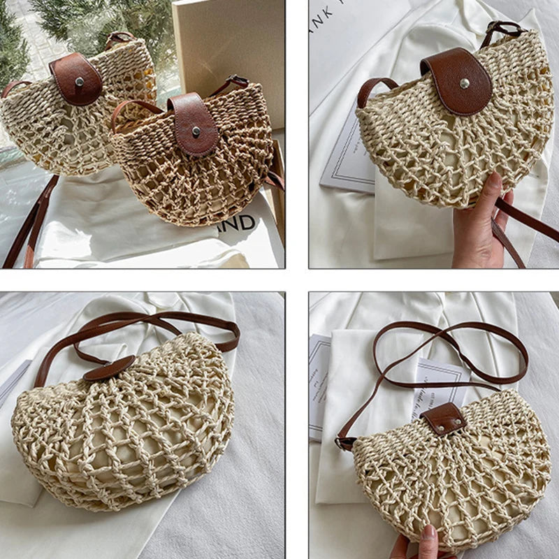 Summer Straw Bag For Women Fashion Semicircle Crossbody Bags Rattan Handmade Messenger Handbag Travel Beach Bags Tote