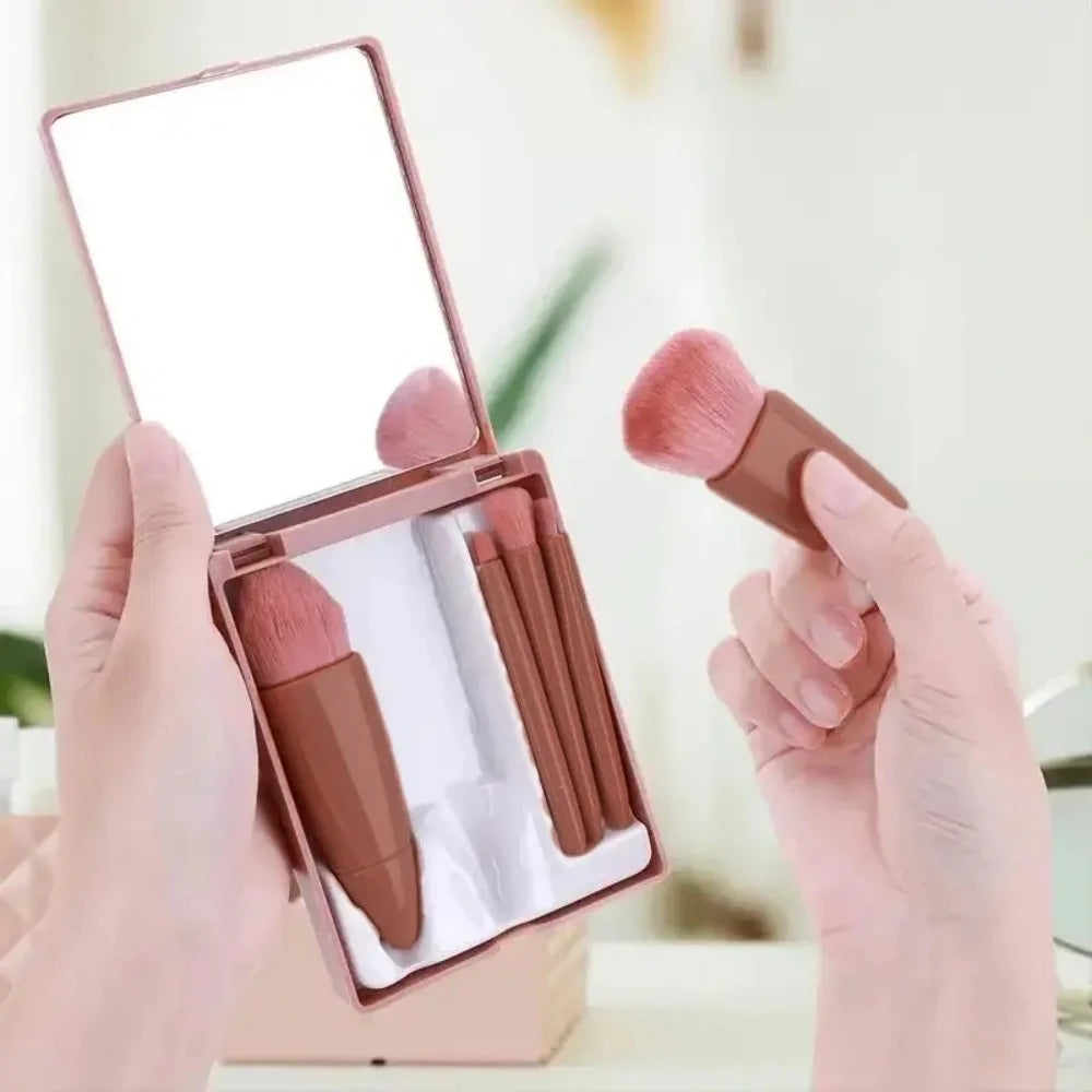 Cosmetic Brush 5PCS Portable Makeup Brush Travel with Mirror Box Makeup Set Brush Loose Powder Brush Blush Brush Eyeshadow Brush