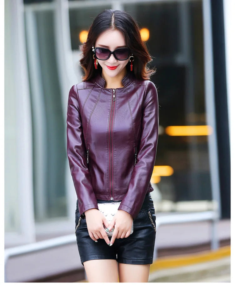 New Women Spring Autumn Leather Jacket Fashion Small Stand Collar Long Sleeve Slim Sheepskin Jacket Split Leather Short Coat