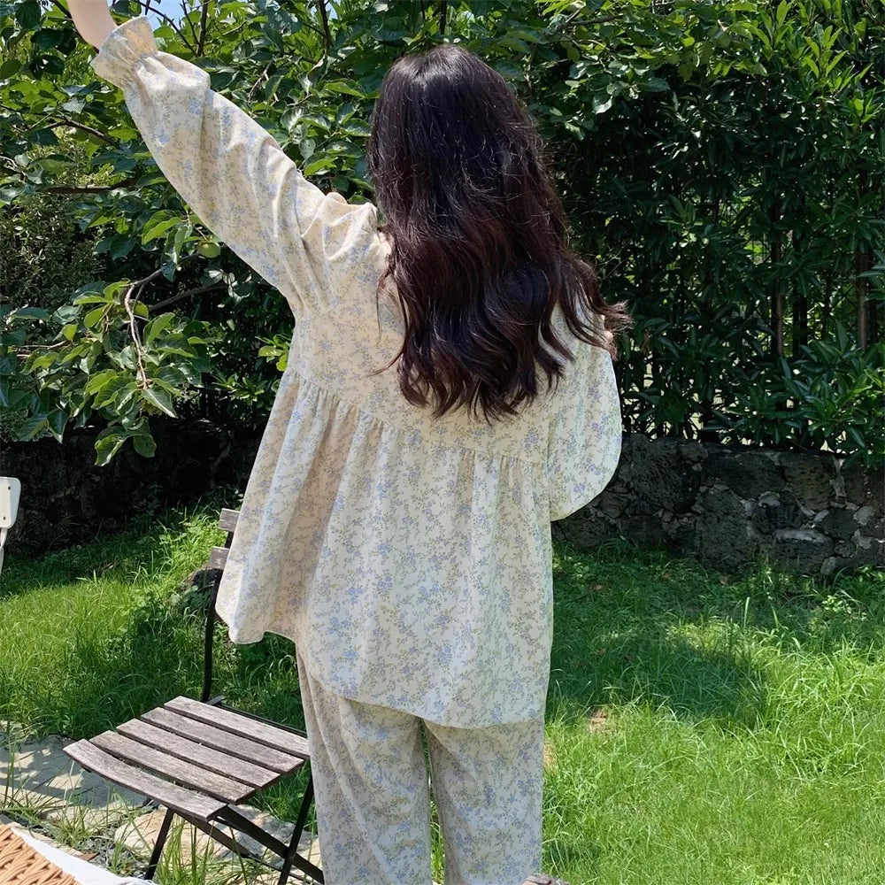 Women Plus Size Pajamas Garden Style Student Homewear Two-Piece Korean Version of the Bow Can Be Worn Outside Long-Sleeved Women