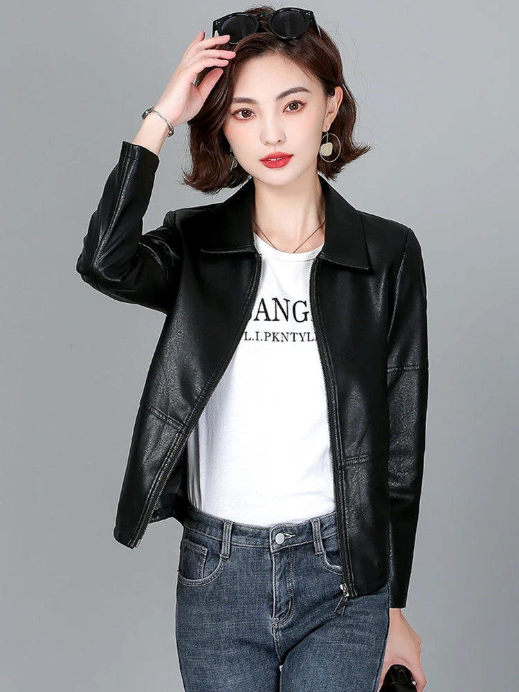 New Women Sheepskin Jacket Spring Autumn 2025 Fashion Casual Long Sleeve Short Zipper Leather Coat Loose Split Leather Outerwear
