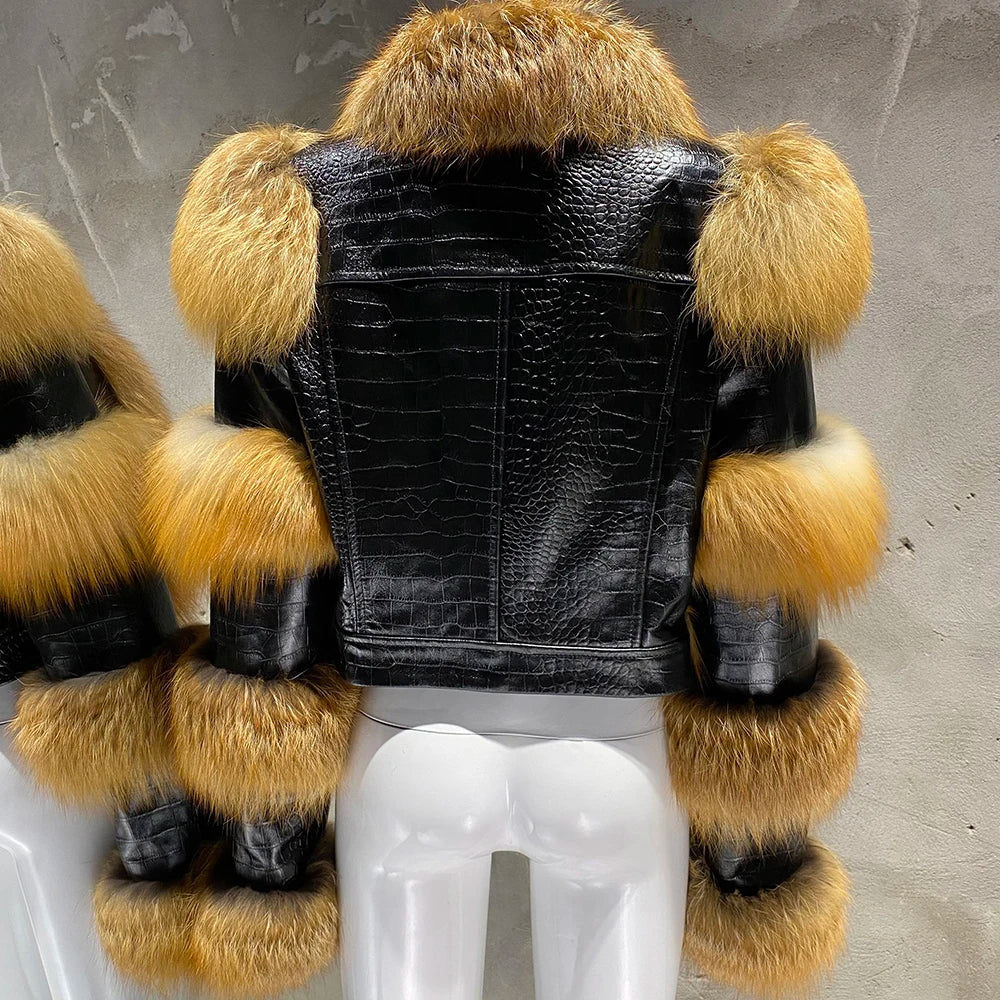 YOLOAgain Women's Natural Fox Fur Jacket Real Leather Cropped Jacket Streetwear