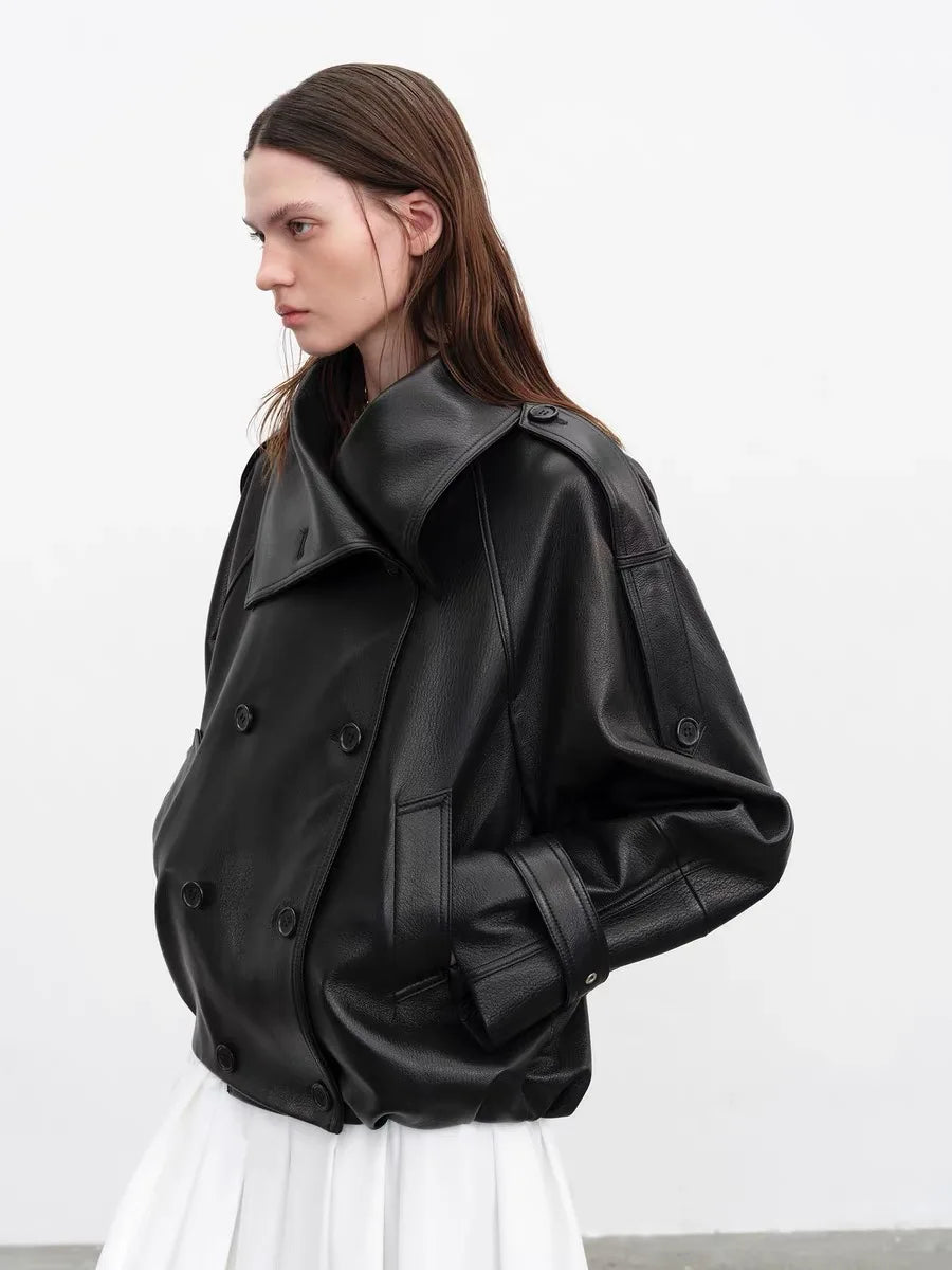 Fashion Real Leather Jacket for Women Modern Genuine Sheepskin Stand Up Collar Short Silhouette Coat Winter Tops Lapel