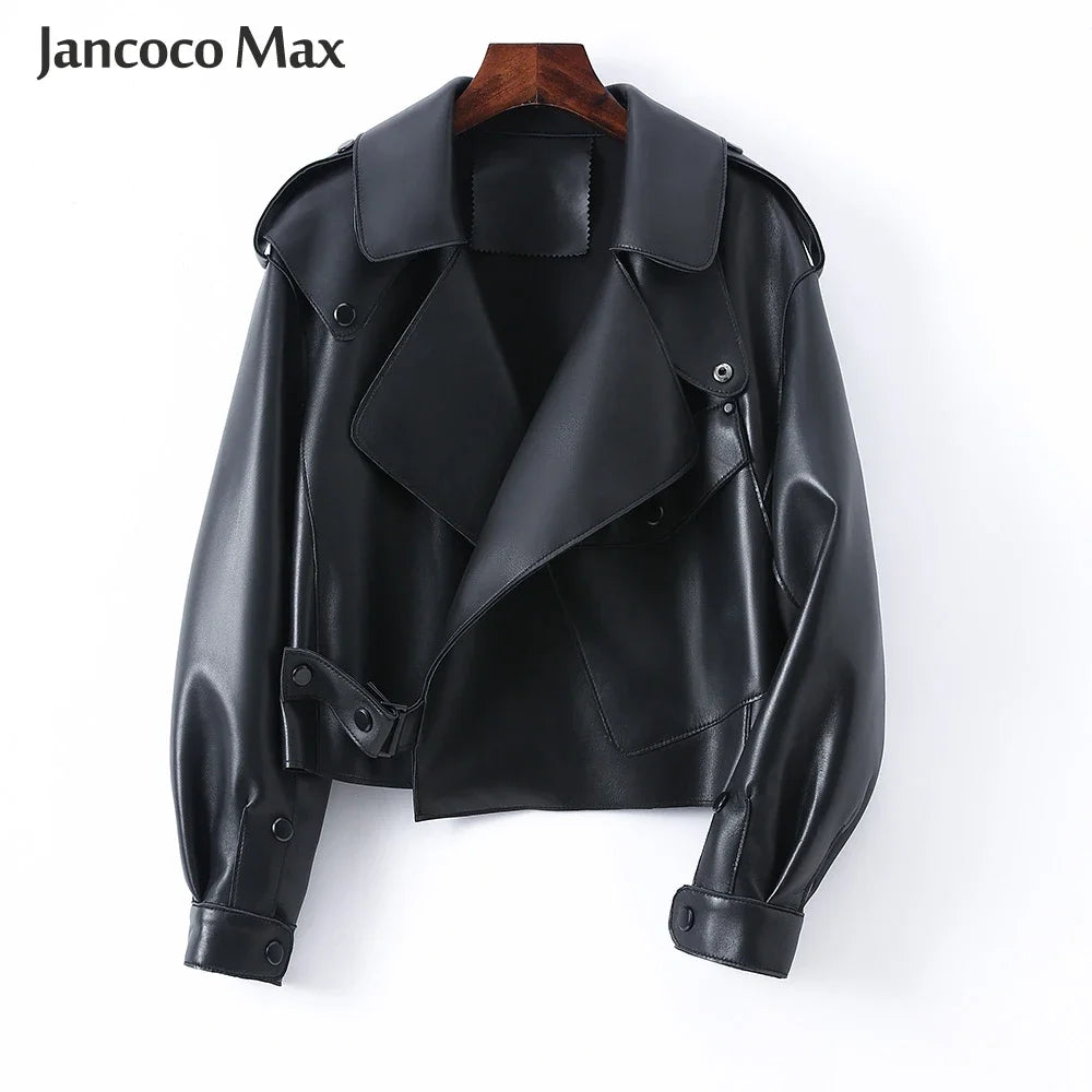 Sheepskin Coat For Women Leather Jacket Winter Spring Moto Biker Genuine Top Quality Black S7547