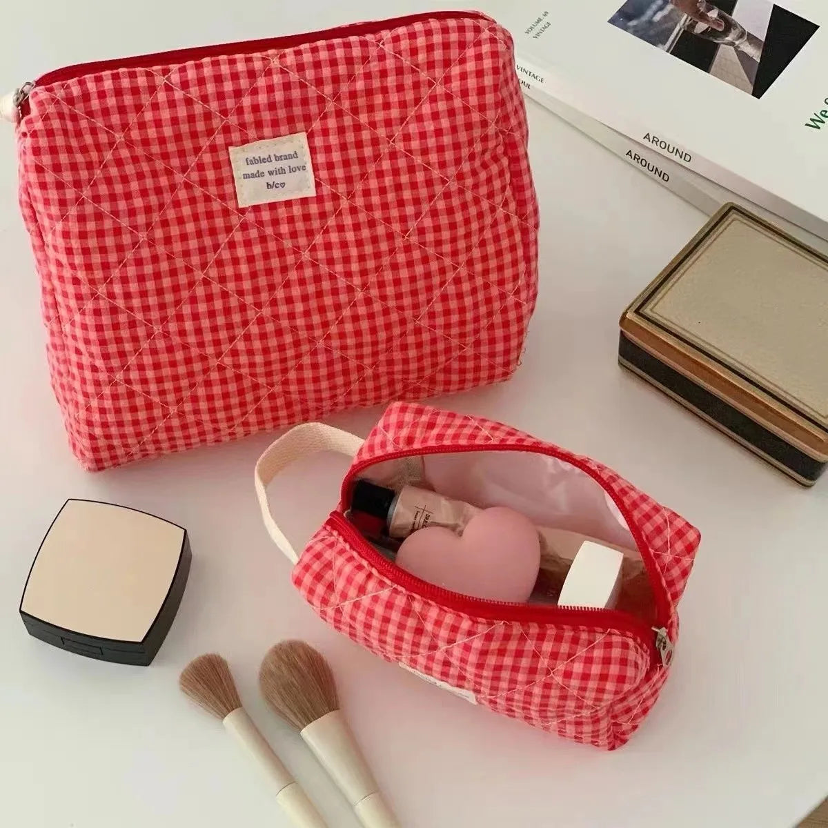 Women Large Capacity Checkered Cosmetic Bag Girls Cotton  Skincare Brushes Storage Bag Portable Travel Toiletry Bag Makeup Bag