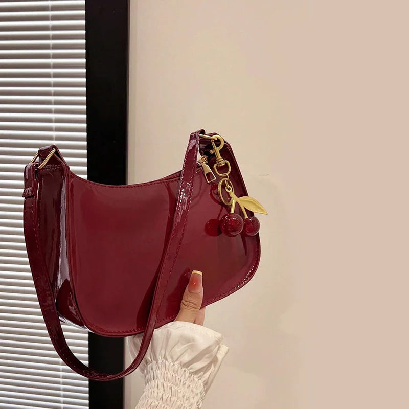 Women's PU Leather Handbag Versatile Fashion Solid Color Cherry Pendant Shoulder Bag Casual Commuting Bag Underarm Bag