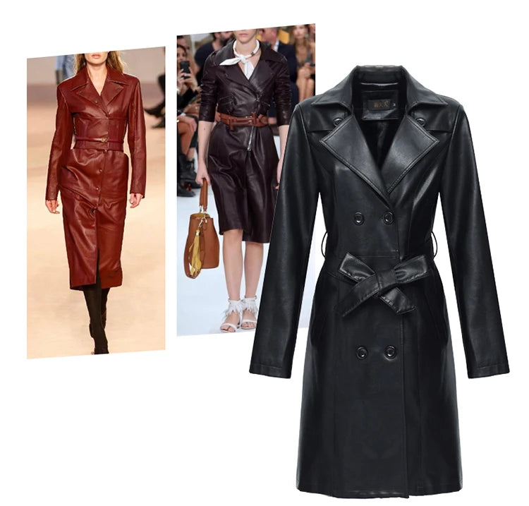 2026 Spring Autumn Sheep Leather Long Trench Coat Women Double Breasted Slim Trench Coat Female Outwear Fashion Windbreaker