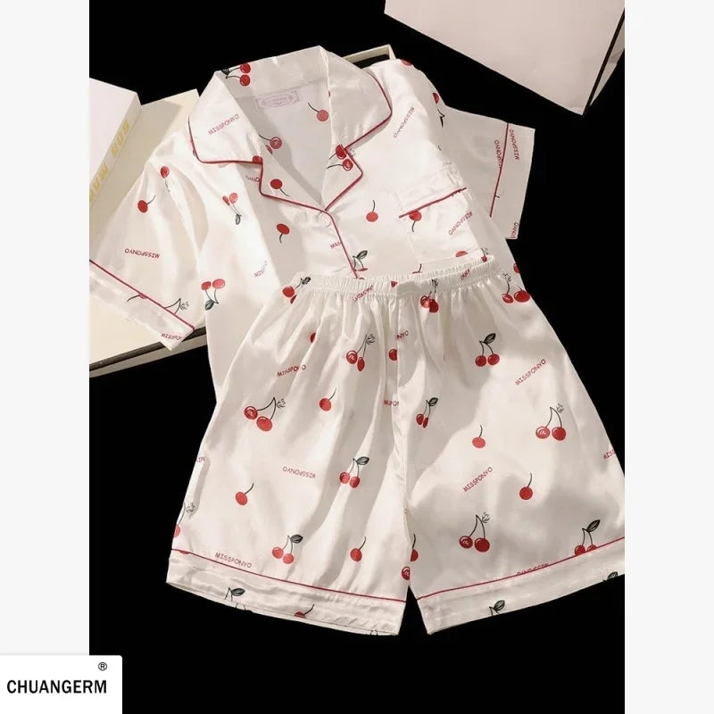 Cherry Print Silk Pajamas Set For Women Summer Short Sleeve Shirt And Shorts Two Pieces Sleepwear Homewear Nightwear