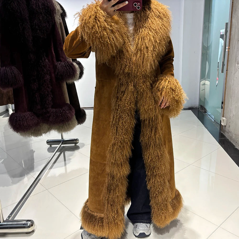 YOLOAgain Real Mongolia Sheep Fur Jacket Long Dark Brown Suede Coat Women