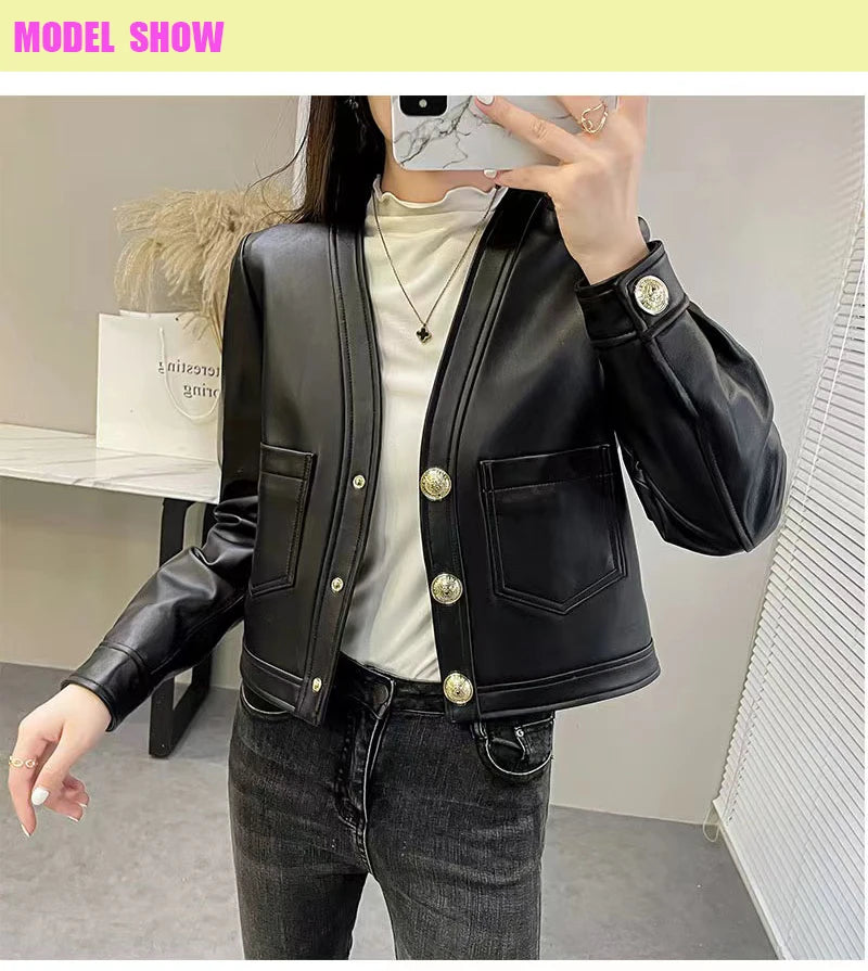 Genuine Sheepskin Casacas Para Mujer Women Casual V-neck Short Khaki/White/Black Leather Jacket Feminino Slim Tops Trendy Pocket