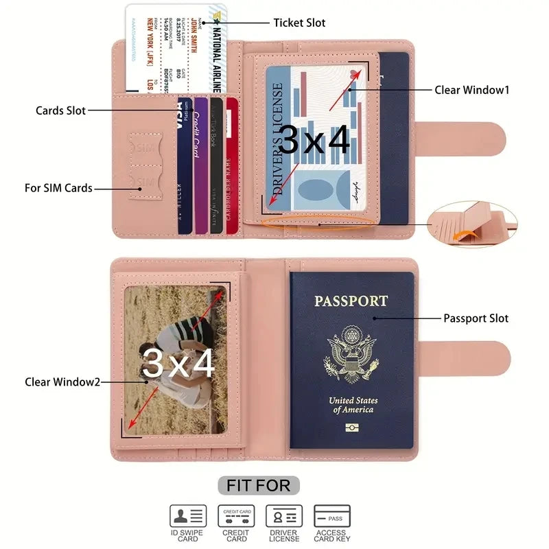 RFID Blocking Waterproof Leather Passport Holder Travel Credit Card Wallet Passport Book for Women Men Buckle Passport Cover