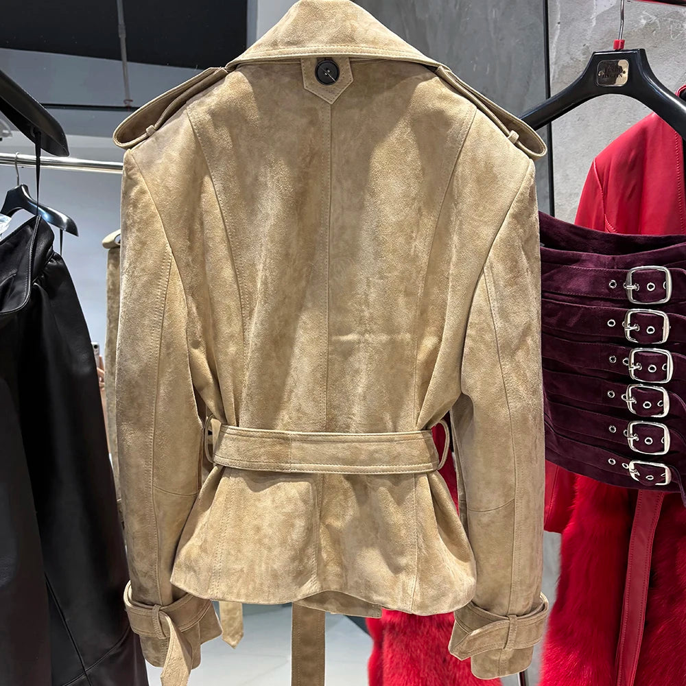 YOLOAgain High Quality Suede Leather Jacket Women With Belt Double Breasted Croc Pattern Jacket Female