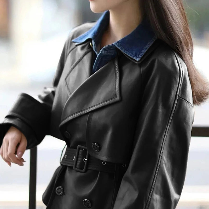 Leather Jacket for Women Spring Double-Breasted Belt Waist Closing Slim Ceket Kadın Imported Sheepskin Loose Short Trench Coat
