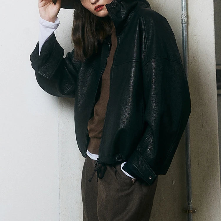 Real Leather Jacket Women Autumn High Stand Collar Drawstring Double Zippers Locomotive Retro Short Sheepskin Coat Kurtka Damska