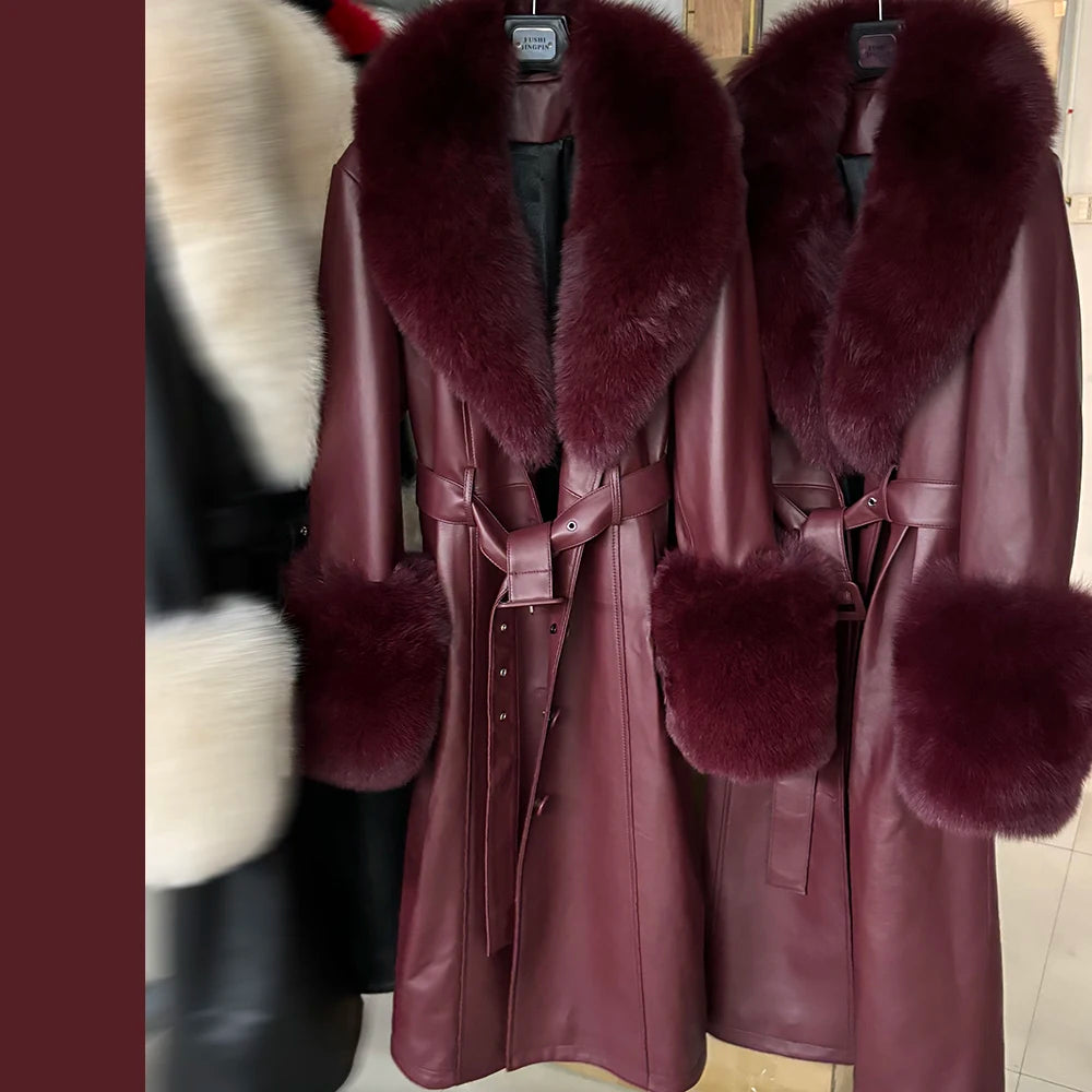 YOLOAgain Women's Detachable Fox Fur Collar Real Leather Jacket Long Navy Blue Jacket