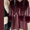 YOLOAgain Women's Detachable Fox Fur Collar Real Leather Jacket Long Navy Blue Jacket