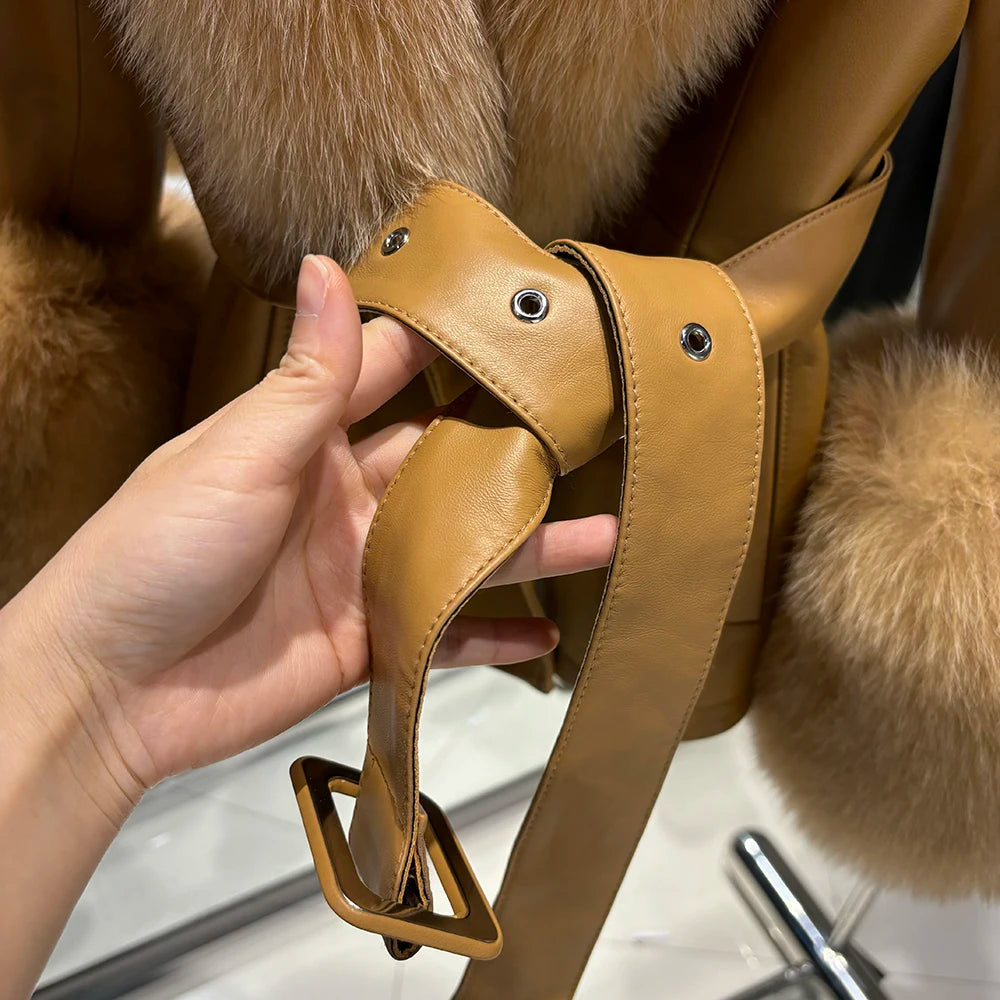 YOLOAgain Women's Real Fox Fur Collar Sheepskin Leather Jacket Coat Autumn 2025