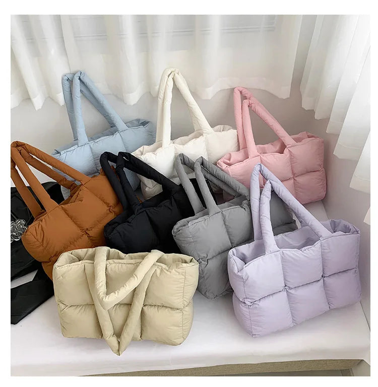 Quilted Plaid Bag Women Tote Handbags Retro Trendy Checkered Waterproof Shoulder Bag Solid Color Winter Soft Large Capacity Bags